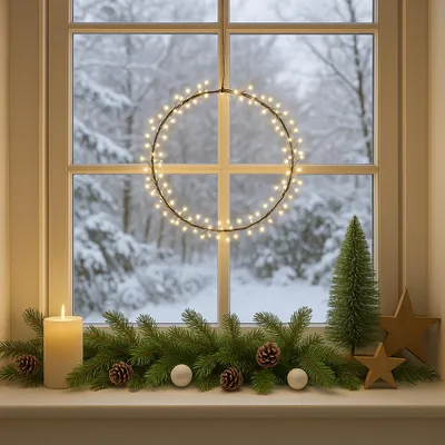 LED Kranz - Lichtkranz - 90 warmweiße LED - D: 24cm - Batterie - Timer - für Innen - schwarz