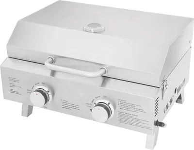 Immagine prodotto di Barbecue a gas portatile in acciaio inossidabile spazzolato - Barbecue da tavolo a 2 fuochi - Pieghevole - Per esterni - 55,8 x 45 x 38 cm - Argento