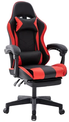 A black and red gaming chair with a footrest and headrest is shown against a white background.