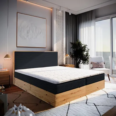 A bedroom scene with a large bed as the focal point, featuring a modern design with a dark headboard and wooden base. The room is well-lit and decorated with artwork and a plant, suggesting a comfortable and stylish living space.