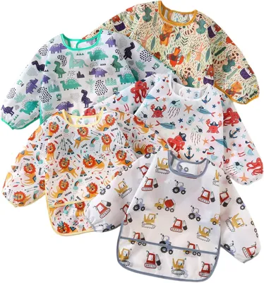 Produktbild von Baby Lätzchen mit langen Ärmeln, 5er Set, wasserdicht, waschbar, für Essen