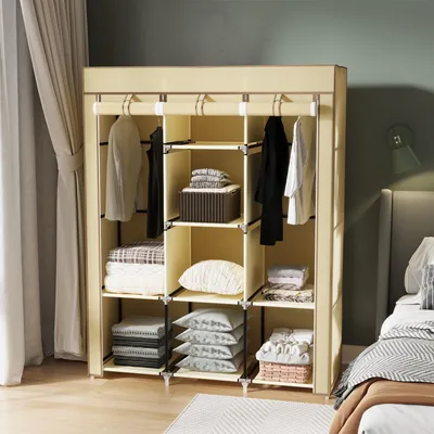 Produktbild von SUGIFT Stoffschrank mit 2 Kleiderstangen, Kleiderschrank Stoff, 8 Einlegeböden, Beige | 125 x 43 x 162,5 cm | Stahlrahmen | Reißverschluss