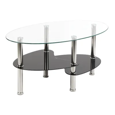 Produktbild von Oval Couchtisch aus Glas mit 2 Ebenen,Beistelltisch mit Tischplatte aus gehärtetem Glas und Metallrahmen,Sofatisch für Wohnzimmer 90x50x43 cm