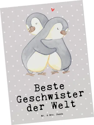 Produktbild von Mr. & Mrs. Panda Postkarte Pinguin Beste Geschwister der Welt - Grau Pastell - Geschenk, Grußkarte, Familie, Postkarten, Geburtstag, Fotokarte, Brüder, Ansichtskarte