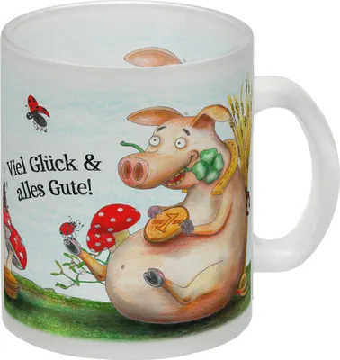 Produktbild von Viel Glück und alles Gute! Glas Tasse mit Glücksschwein Motiv