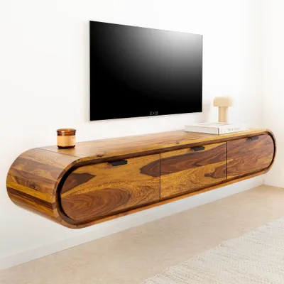 Produktbild von riess-ambiente TV-Board ORGANIC 160cm braun stone finish massives Sheeshamholz hängend mit Schubladen