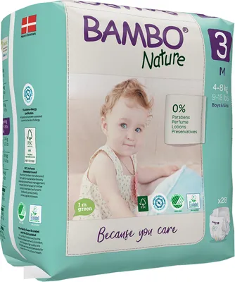 A package of Bambo Nature diapers featuring a baby.