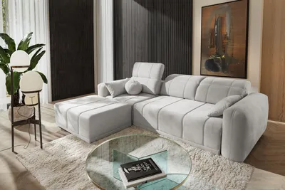 Produktbild von Moderne Eckcouch RAVELLO I Hellgrau – Sofa für Wohnzimmer, linksseitig, mit Schlaffunktion & Bettkasten