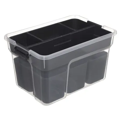 Produktbild von Aufbewahrungsbox 8 Liter mit 7 herausnehmbaren Fächern Five® - Transparent & Grau - Stapelbar | Mit Deckel | Mit Einsatzbeh\u00e4ltern