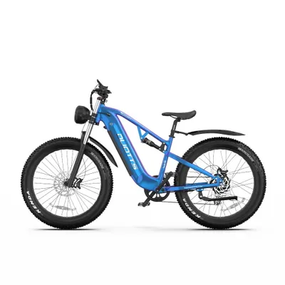 A blue electric mountain bike with fat tires is shown against a white background.