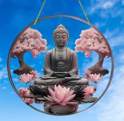 Produktbild von GKA XL Sonnenfänger Buddha mit Seerosen 20 cm Buntglas Lichtfänger Fensterbild Fenster Fensterschmuck Fensterdeko