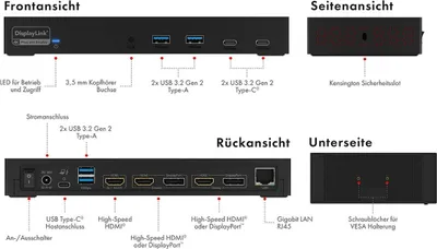 Zdjęcie produktu dla ICY BOX IB-DK2246AC, Przewodowa, USB 3.2 Gen 2 (3.1 Gen 2) Type-A, 10,100,1000 Mbit/s, Czarny, 3840 x 2160 px, 60 Hz