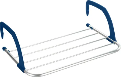 A balcony clothes drying rack with blue plastic hooks and silver metal bars.