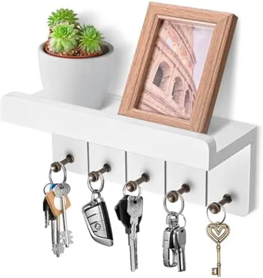 Produktbild von PromoHome® Holz Schlüsselbrett mit Ablage – Wandregal mit 5 Haken, Weiß, 25x11x10 cm