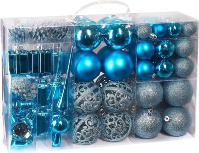 BRUBAKER 101-teiliges Set Weihnachtskugeln mit Baumspitze Blau Christbaumschmuck