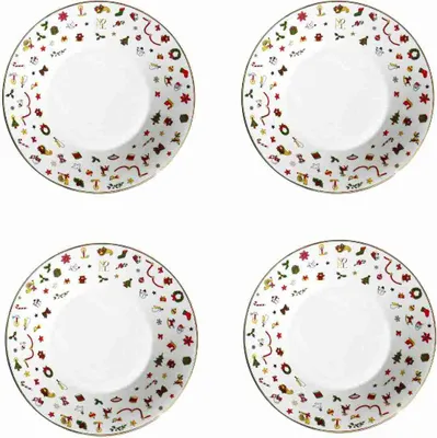 Four plates with a Christmas-themed pattern arranged in a 2x2 grid on a white background.