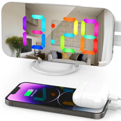 Produktbild von Digitaler Wecker mit dynamischem RGB-Licht, dimmbare Helligkeit, einstellbare Schlummerfunktion, USB-Ladeanschluss, Spiegeluhr, 12 Stunden/24 Stunden, fuer Schlafzimmer, Heimbuero, Wandmontage