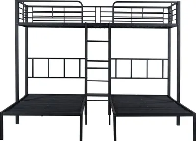 Produktbild von Merax Etagenbett 90x200cm mit Rausfallschutz und Tisch, Hochbett mit Lattenrost, Leiter und Ablage, Metallbett Kinderbett Jugendbett Stockbett für 3 Kinder, Schwarz