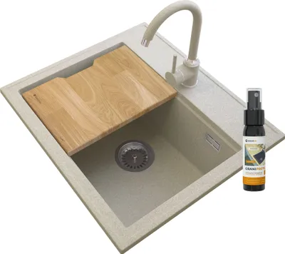 Obrázok produktu pre Granitan | Granitový drez – kuchynský drez – umývadlo 56 x 50 cm – vstavaný kuchynský drez v béžovej farbe – kuchynská batéria BETA – doska na krájanie – FOXAL