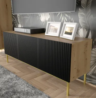 Produktbild von TV-Schrank RAVENNA B 150 cm 3D rahmen ARTISAN EICHE / SCHWARZ MATT Lowboard mit Metallfüße Stehen Unterschrank Fernsehschrank Modern Loft TV Board Sideboard HiFi-Tisch Golden oder Schwarz Metallrahmen Beine