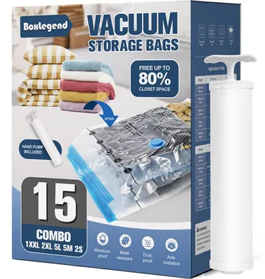 Image de Sacs de rangement sous vide pour vêtements, lot de 15 (1 très grand, 2 grands, 5 moyens, 5 petits, 2 très petits), avec pompe