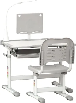 Produktbild von HOMCOM Schreibtisch- und Stuhl-Set für Kinder ab 6 Jahren, Kinderschreibtisch, höhenverstellbar, Kinderschreibtisch mit neigbarer Tischlampe, Schublade und Ablage für Bücher, Grau
