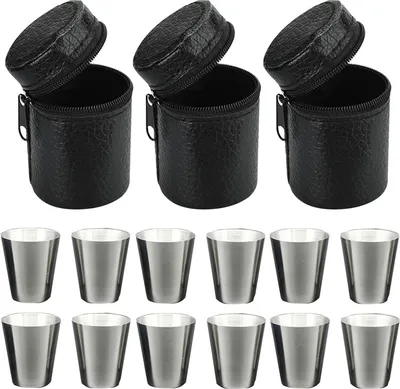 Produktbild von 12 Stück Edelstahl Schnapsgläser 30ml, Pinnchen Shotgläser, Shot Glas Stamper, inklusive Leder-Tasche mit Reißverschluss, Schnaps-Becher