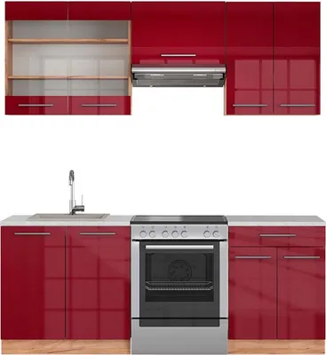 Produktbild von Küchenzeile Vicco Fame-Line Bordeaux Hochglanz/Goldkraft Eiche 200 cm , AP Marmor, Model 42462