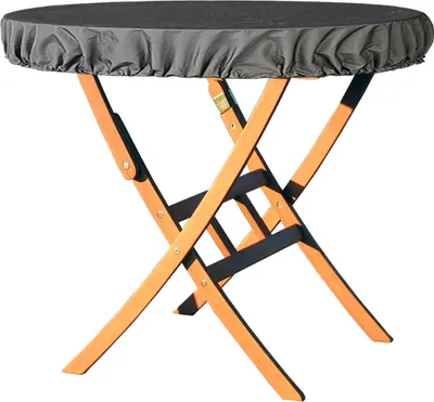 A round table with a dark gray cover and wooden folding legs, isolated on a white background.