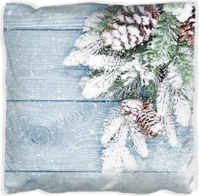 Produktbild von Wallario Premium Kissen, weiche Oberfläche, mit Motiv Verschneite Tannenzweige auf Holz - Winterdekoration, Größe: 30 x 30 cm, mit weißer Rückseite
