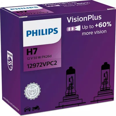 Zdjęcie produktu dla Philips VisionPlus H7 12V 55W PX26d +60% światła, zestaw 2 12972VPC2
