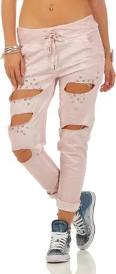Produktbild von 218 Damen Hose leichte Freizeithose Stoffhose Distressed Look Löcher Risse und Nieten Tunnelzug One Size S M 36 38 Rosa