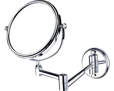A silver wall-mounted cosmetic mirror with an adjustable arm, shown against a white background.