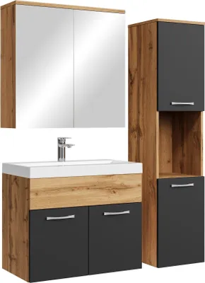 Immagine prodotto di Set completo di mobili da bagno Badplaats Montreal 60 x 35 cm in rovere nero opaco - mobili da bagno con lavabo, specchiera e mobiletto da bagno