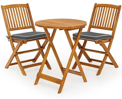 Productafbeelding van 3-delige balkonmeubelset met ronde tafel, 2 stoelen en 2 kussens. Ergonomische zitset, grijs.
