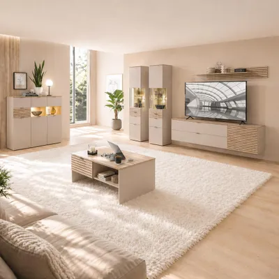 Produktbild von Wohnzimmer Set in Beige mit Eiche, inkl. Beleuchtung, Highboard & 2 Vitrinen & 2 Lowboards & Wandboard & Couchtisch, 7-teilig - ISCHIA-36
