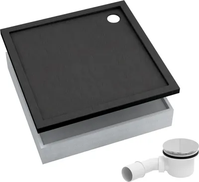 Produktbild von AQUABAD® Duschwanne Komplettset Basic Black Stone 80x80cm Quadrat inkl. Styroporträger und Ablaufgarnitur Alcadrain A49CR