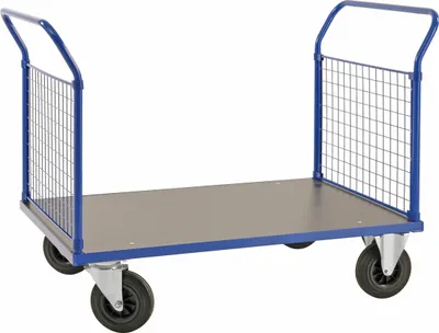Produktbild von Kongamek Plattformwagen in blau 1366x800x1020mm mit MDF-Platte und 2 Schiebebügeln mit Gummibereifung ohne Bremse