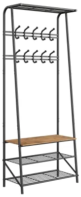 Zdjęcie produktu dla Meble do przedpokoju – wieszak z ławką na buty – drewno, styl antyczny, 3 półki, 10 haczyków, 4 w 1, 64×30×180 cm