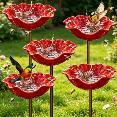 Immagine prodotto di Abbeveratoi per uccelli, forma a fiore, metallo, 5 pezzi, colore rosso, resistenti al gelo