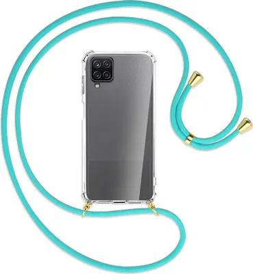 Produktbild von Handykette Backcover-Schutzhülle mit Band (Metall goldfarben) für Samsung Galaxy A12 - türkis