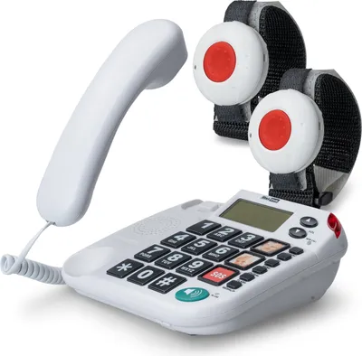 Produktbild von Maxcom KX481SOS: Hausnotruf Telefon mit 2X Notrufarmband; schnurgebundenes Festnetztelefon mit Notrufknopf + 2X Notruf Armband; Notruftelefon Senioren; Seniorentelefon + Adapterstecker; große Tasten