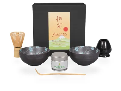Produktbild von Matcha Set / Matchaset / 2x Matcha Schale 250ml, anthrazit/blau, mit Besen/Löffel/Halter/Tee in Geschenkbox