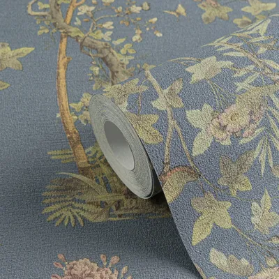 Produktbild von Blumen-Tapete mit Schmetterlinge Blau Bunt - Vliestapete klassisch strukturiert AS-Creation (KG-174679)