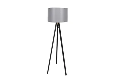 A floor lamp with a tripod base and a gray cylindrical lampshade, isolated on a white background.
