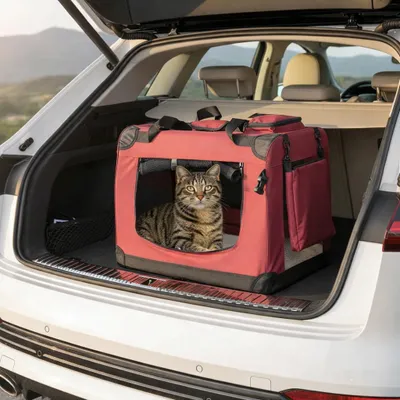 Produktbild von belviona Katzentransportbox, leichte & stabile Transporttasche Katzen, faltbar mit Mesh-Fenstern, Innenkissen & Taschen, 60x42x44 cm, weinrot
