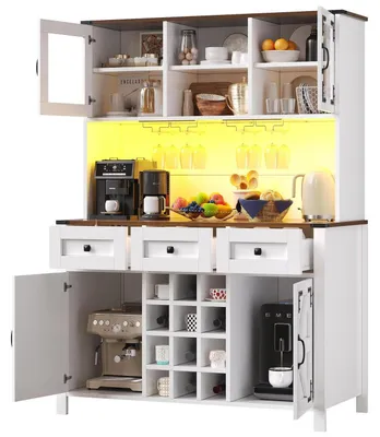 Image de Armoire de cuisine avec ports USB et prises électriques, 4 portes, 3 tiroirs, éclairage LED, dimensions : 120 x 40 x 170 cm, couleur : blanc