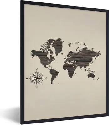 Produktbild von MuchoWow® Gerahmtes Poster Weltkarte - Holz - Vintage 60x80 cm - Poster mit Schwarzem Bilderrahmen Wandposter Rahmen Foto Bilder - Premium - Wanddeko Wohnzimmer