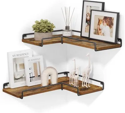 Productafbeelding van Famanu L-vormige hoekplanken, set van 2 stuks, industrieel design, wandmontage, vintage bruin-zwart, geschikt voor woonkamer of keuken
