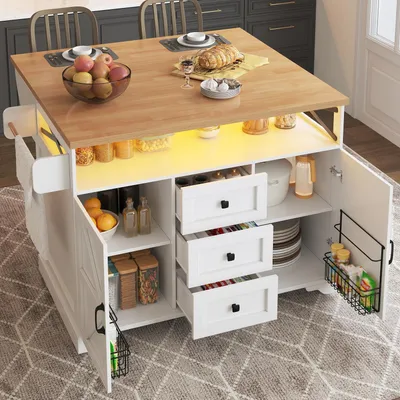 Immagine prodotto di Carrello da cucina con piano di lavoro pieghevole e illuminazione a LED, 5 ruote, 3 cassetti, 2 ante, dimensioni 120x43(71,5)x98 cm, colore bianco